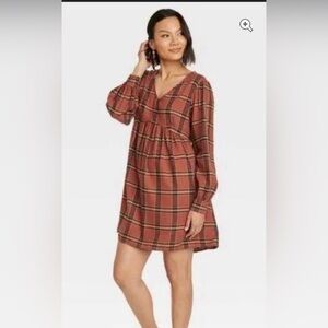 Knox Rose Bishop Sleeve A Line Mini Dress Brown Plaid Pleat V Neck